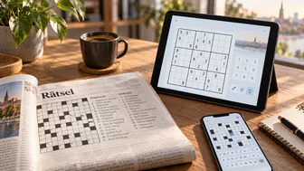 Symbolbild: Kreuzworträtsel in der Zeitung, Sudoku auf Tablet und Smartphone